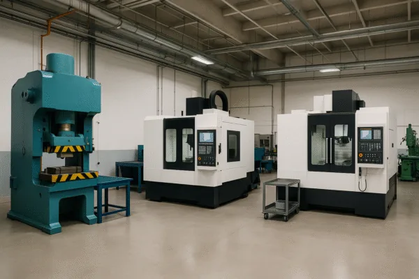 Prime CNC machining and stamping workshop with a hydraulic press and vertical machining centers for custom metal parts production.