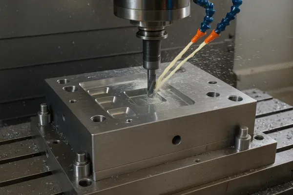 CNC milling machine cutting a mold core block with coolant, producing precision cavities for injection molding tooling.