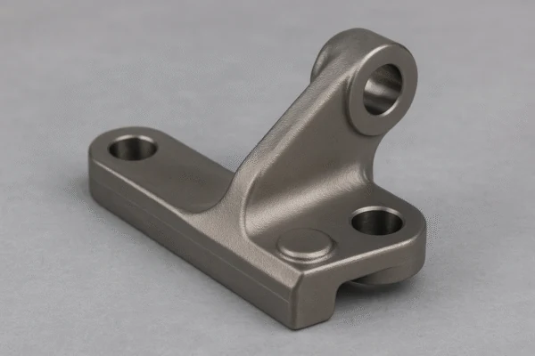 Custom CNC machined metal bracket with mounting holes and a raised lug, precision component on a gray background.