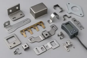Assorted custom metal stamping parts including brackets, clips, shields, and formed components for OEM sheet metal fabrication.