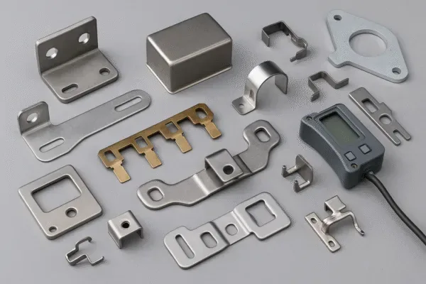 Assorted custom metal stamping parts including brackets, clips, shields, and formed components for OEM sheet metal fabrication.