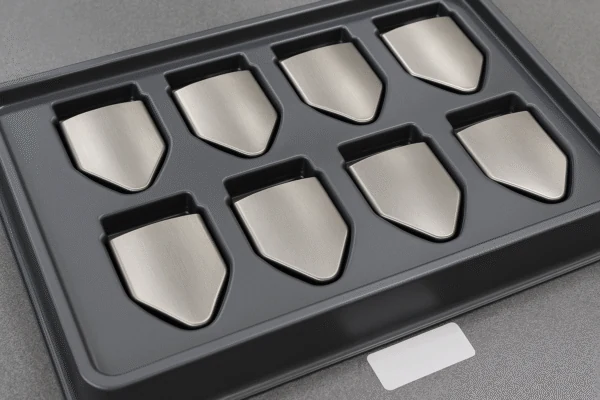 Custom OEM packaging tray with protective compartments holding precision metal inserts, organized in a molded carrier.