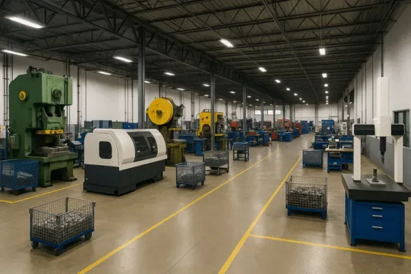 Wide view of Prime factory workshop with metal stamping presses, CNC machines, and parts carts on a marked production floor.