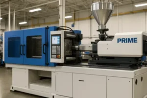 Prime plastic injection molding machine with hopper and control panel for OEM custom molded parts production.