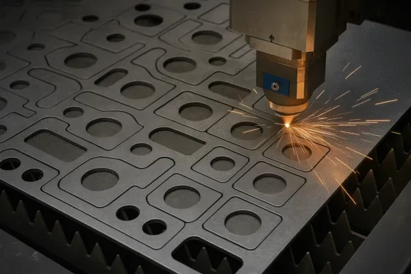 Laser cutting nested sheet metal parts with precision cutouts and sparks, producing custom brackets and components for OEM manufacturing.