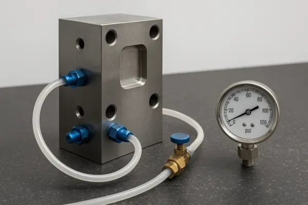 Leak and pressure test setup with machined manifold block, hose fittings, and PSI gauge for sealing verification and quality control inspection.