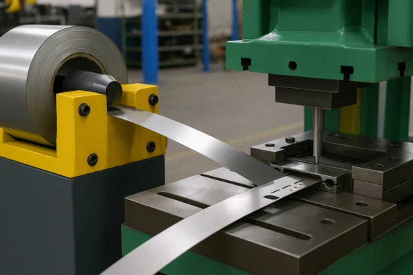 Metal stamping press with coil-fed steel strip entering the die for punching and forming sheet metal parts.