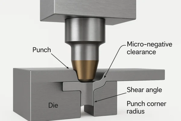 Metal stamping punch and die diagram showing micro-negative clearance, shear angle, and punch corner radius.
