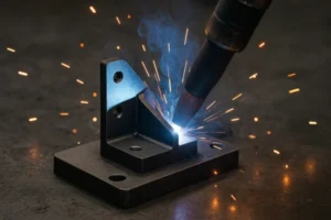 MIG welding torch arc-welding a steel bracket with visible sparks, demonstrating custom metal fabrication and strong joint assembly.