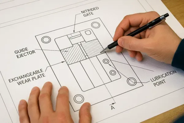 Engineer reviewing injection mold design drawing showing guide ejector, replaceable wear plate, nitrided gate, and lubrication points.
