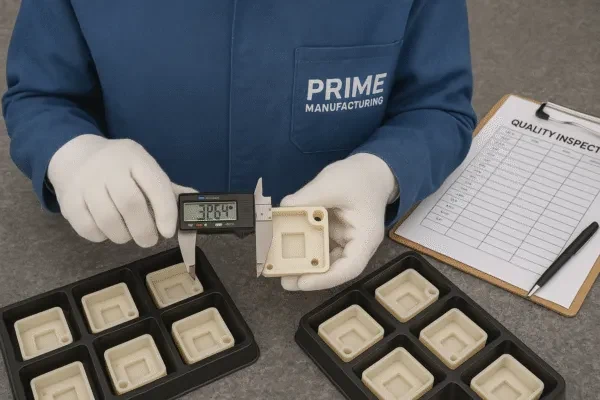 Quality inspector measuring injection-molded plastic parts with a digital caliper and inspection checklist at Prime Manufacturing.