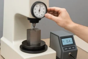 Quality control technician measuring a metal sample with a dial-indicator test fixture and surface roughness meter showing Ra 0.4 µm in a metrology lab.