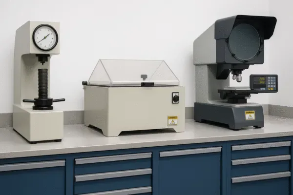 Quality control lab equipment including hardness tester, salt spray corrosion chamber, and optical measurement system on a metrology bench.