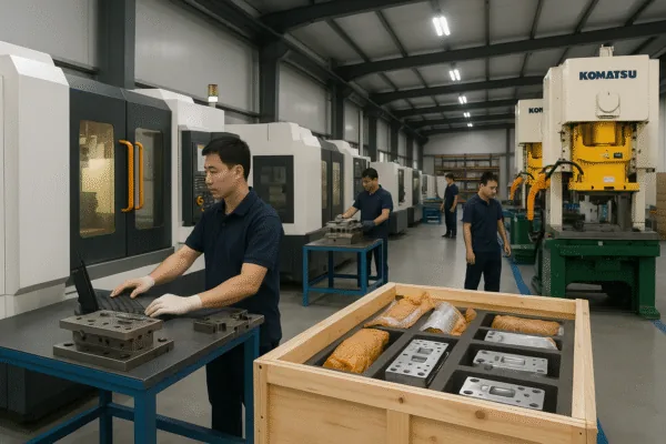 Prime stamping die workshop with CNC machining centers and Komatsu press line, technicians building high-precision tooling for B2B metal stamping production.