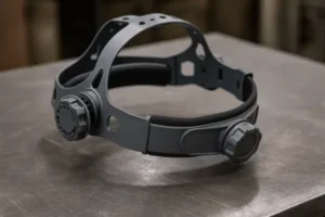 Welding helmet headgear with ratchet adjustment and crown strap for secure fit, balanced weight distribution, and all-day comfort.