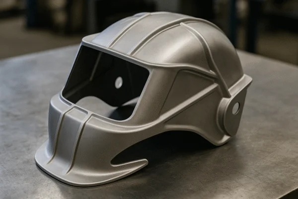 Welding helmet shell with reinforced airflow ribs and side flanges for spatter deflection, designed for ergonomic comfort and durable protection.