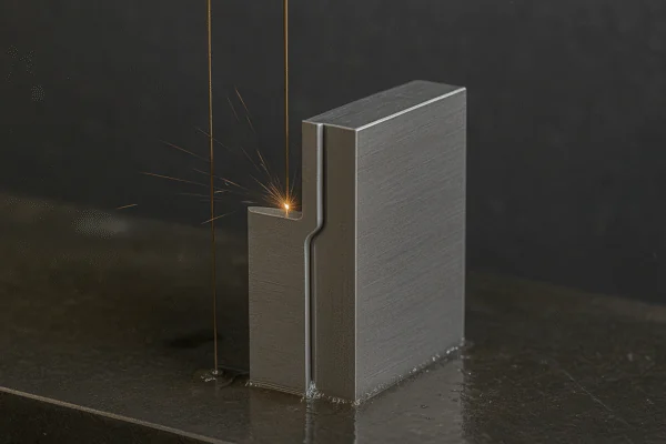 Wire EDM cutting a precision steel block with spark erosion, creating accurate contours for mold and tooling components.