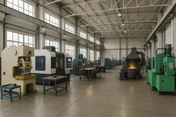 Prime manufacturing workshop with stamping press, CNC machining center, welding station, casting furnace, and plastic injection molding equipment in a clean industrial facility.