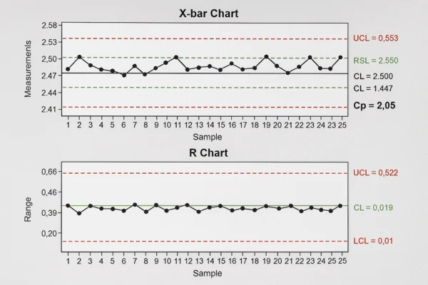 SPC X-bar and R control chart showing measurements, ranges, UCL/LCL limits, and process capability Cp.