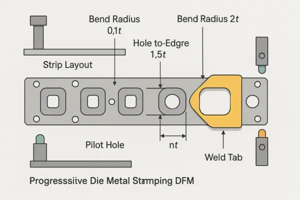 Progressive die metal stamping DFM diagram showing strip layout, pilot hole, bend radius rules, and hole-to-edge spacing.