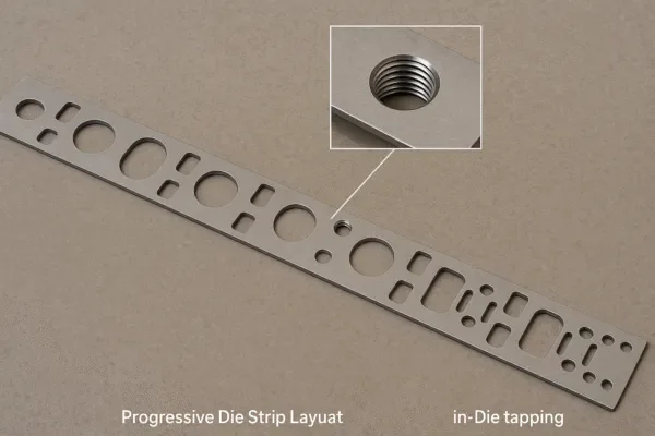 Progressive die strip layout with multiple pierce features and an inset showing in-die tapping for a threaded hole in sheet metal.