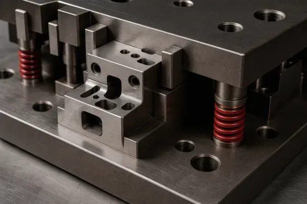 Close-up of a progressive stamping die showing precision tool inserts, guide blocks, and red compression springs in a metal stamping setup.