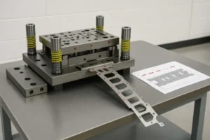 Progressive stamping die with first-article inspection strip and control plan sheet on a quality workstation.