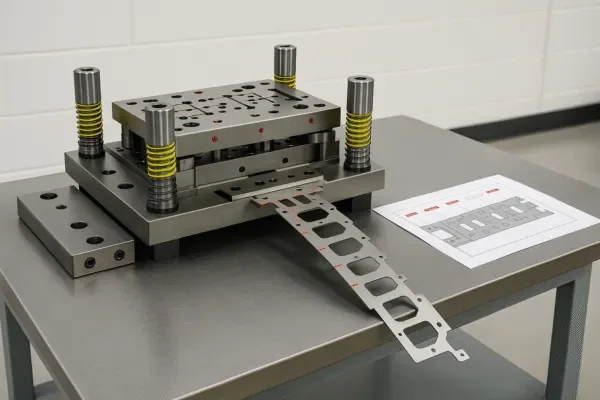 Progressive stamping die with first-article inspection strip and control plan sheet on a quality workstation.