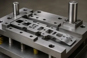 Progressive stamping die tooling with a precision sheet metal strip, showing punched slots and formed features on a die set.