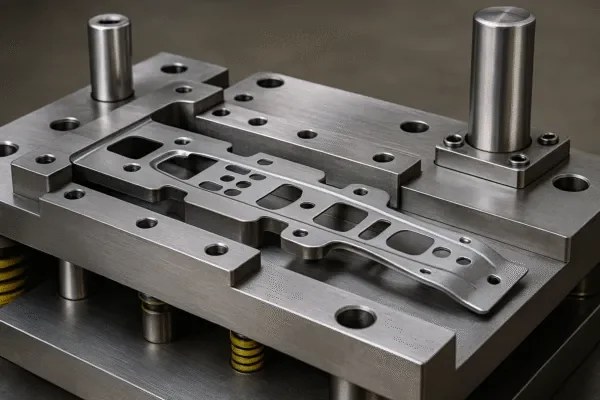 Progressive stamping die tooling with a precision sheet metal strip, showing punched slots and formed features on a die set.
