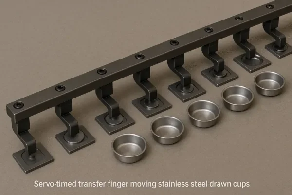 Servo-timed transfer finger system moving stainless steel drawn cups in an automated metal stamping line.