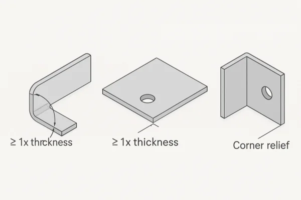 Sheet metal DFM guidelines showing minimum bend radius, hole-to-edge distance ≥1× thickness, and corner relief for bent brackets.