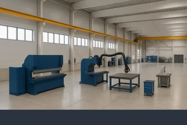 Sheet metal fabrication workshop with press brake, welding table, and fume extraction system in a clean industrial facility.