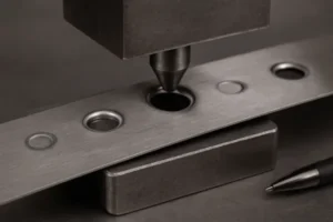 Sheet metal stamping die forming a flanged hole on a steel strip, showing press punch operation and finished features.
