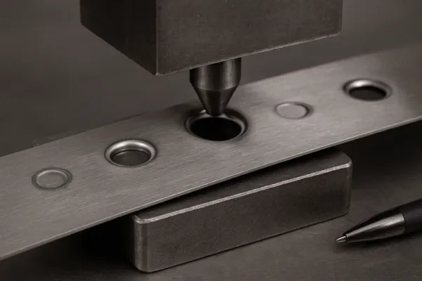 Sheet metal stamping die forming a flanged hole on a steel strip, showing press punch operation and finished features.