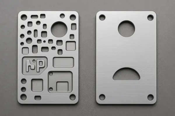 Complex vs simplified stamped metal plate design showing cutouts, logo pocket, and reduced features to lower stamping die cost.