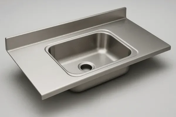 Stainless steel deep-drawn sink bowl with flanged sheet metal panel and drain hole, made by stamping and forming.