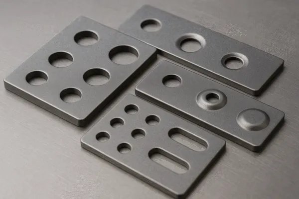 Standardized stamped metal samples showing common hole sizes, slotted holes, and radiused edges for cost-effective sheet metal stamping.