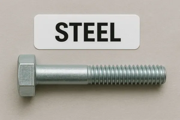 Steel hex bolt fastener with &ldquo;STEEL&rdquo; material label on a neutral background for hardware identification and specification.