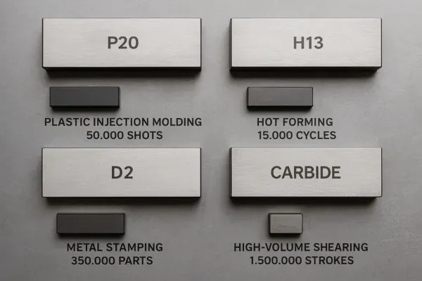 Tool steel comparison chart showing P20, H13, D2 and carbide inserts with typical life cycles for injection molding, hot forming, metal stamping and high-volume shearing.