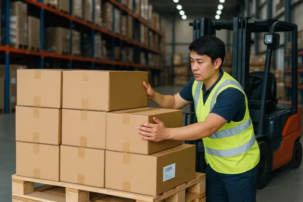Warehouse worker stacking shipping cartons on a pallet beside a forklift in a logistics warehouse.