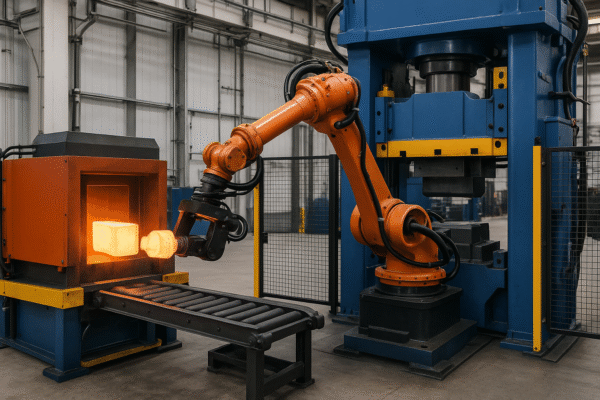 Automated closed-die forging line with robotic arm transferring heated billet into a forging press.