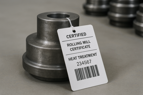 Steel forging component with certification and heat treatment tag attached, ensuring traceability for ISO audits.