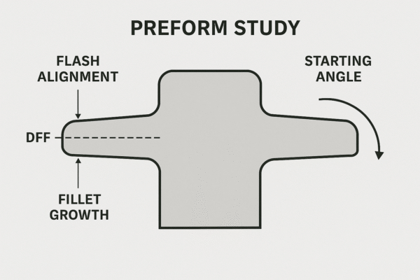 Preform study diagram of custom forged metal part showing DFF alignment boundary, fillet radius growth, and starting angle.