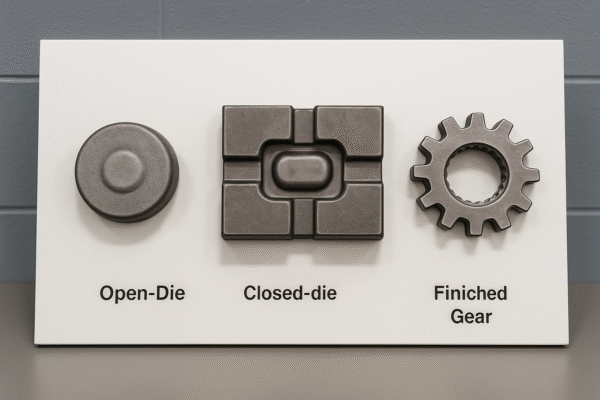 Process board displaying open-die blank, closed-die tool, and precision forged gear profile for review.
