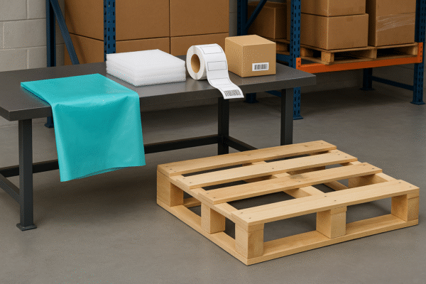 Industrial packaging station prepared with VCI bags, foam inserts, barcode labels, and an export pallet ready for loading.
