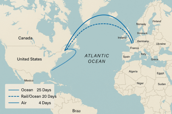 Logistics route planning map showing ocean, rail/ocean, and air freight connections between North America and Europe.