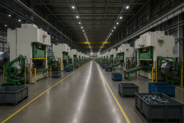 Automotive stamping workshop with ten production lines—progressive-die and transfer press lines with coil feeders, conveyors, and bins of stamped parts; no people, no text.