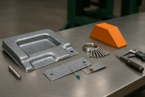 Production test bench for automotive stamping—blue-speckled tryout coupons, a precision gauge pin set, an orange safety block, and small color-coded bead tags on sheet metal; no people, no text.