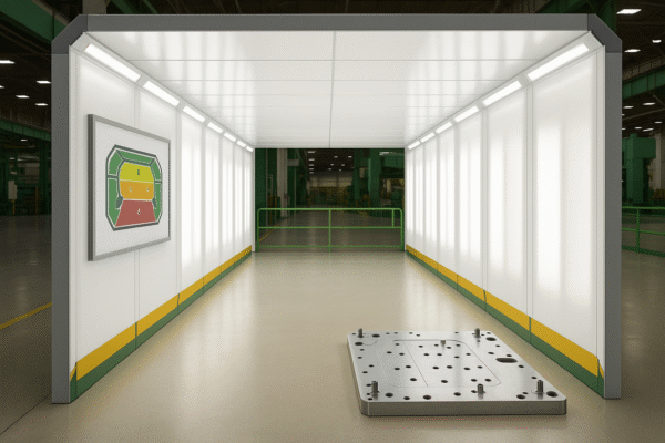 Automotive stamping light tunnel with an A-class surface inspection zone board and a machined production die template on the floor; bright even lighting; no people, no text.